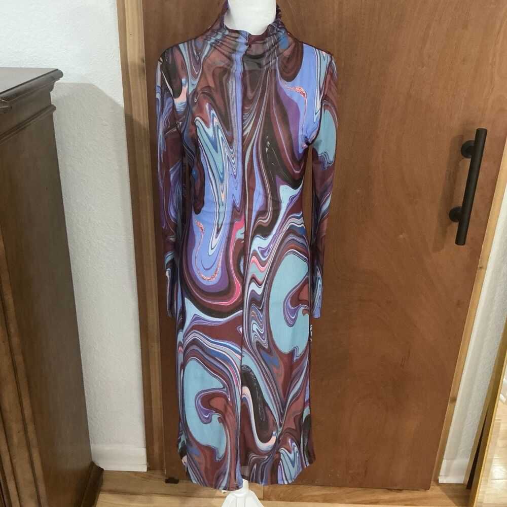 Y2K Bodycon Mesh Midi Dress Size Medium Marble Swirl Art Psychedelic Trippy Club - Picture 14 of 15